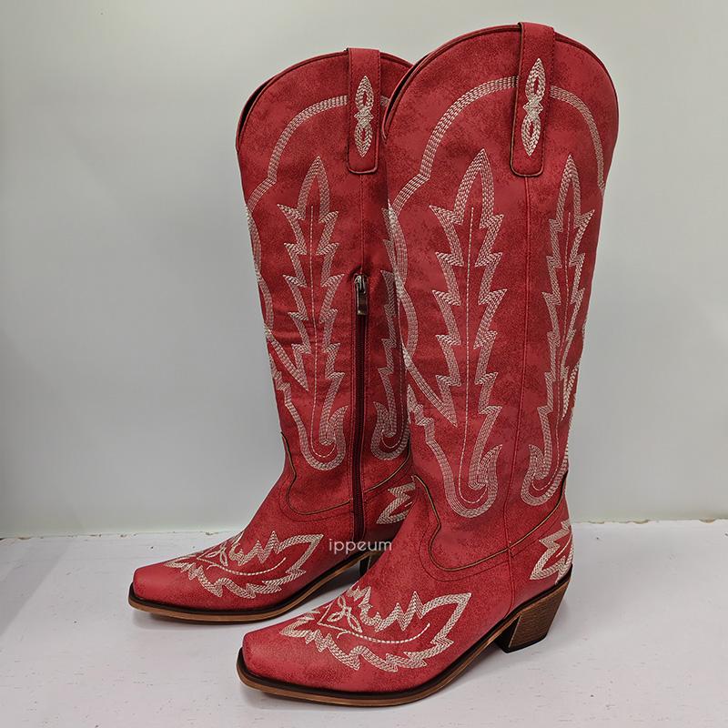Fashion IPPEUM Western Cowboy Boots For Women Knee High 2024 New Red Plus Size 44 Cowgirl Shoes
