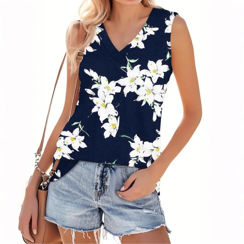 Dámský módní ležérní letní top bez rukávů s výstřihem do V a květinovým potiskem