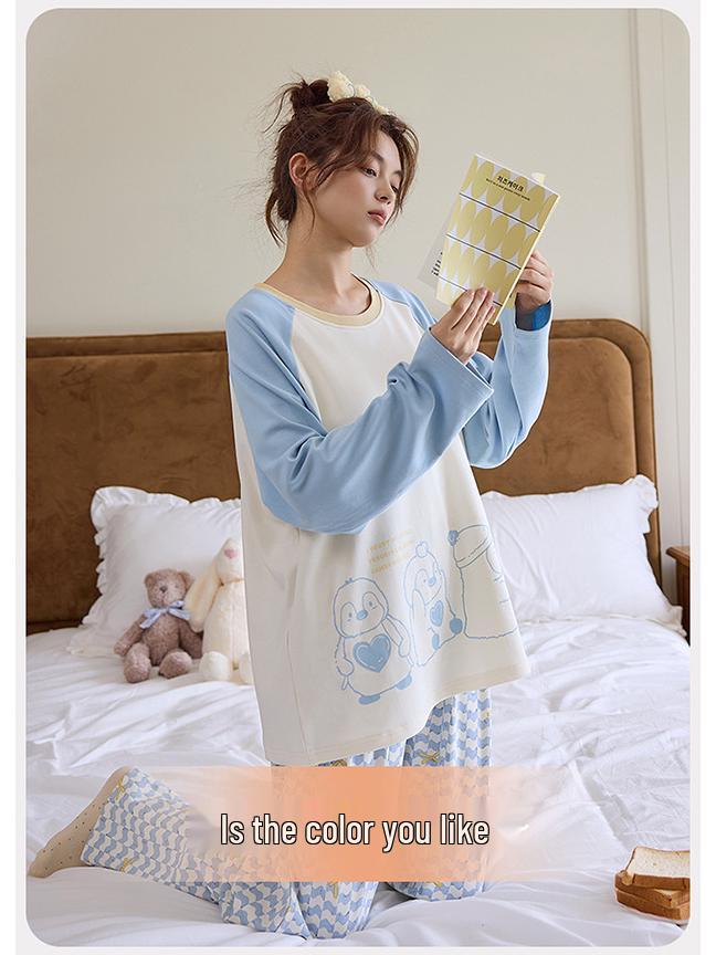 Women's Cloud Cotton Long-Sleeve Pajama Set with Chest Pads - Cute Cartoon Design for Autumn/Winter