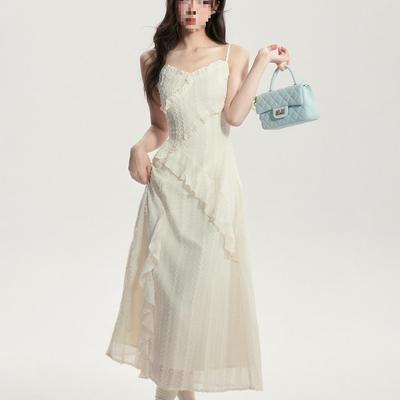 Wild Berry French Suspender Long Dress, Spring Korean Style, Sweet Waist-Cinching Design, Slimming, Elegant for Women