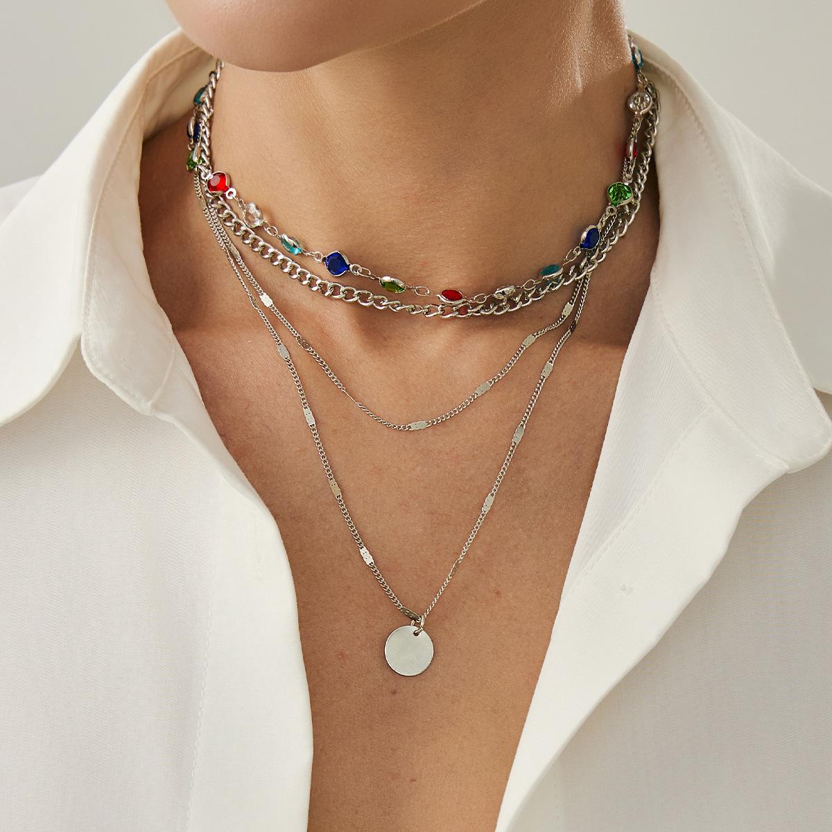 

Simple Color Crystal Chain Necklace Female, Personalized Metal Sequins Pendant Clavicle Chain Necklace
