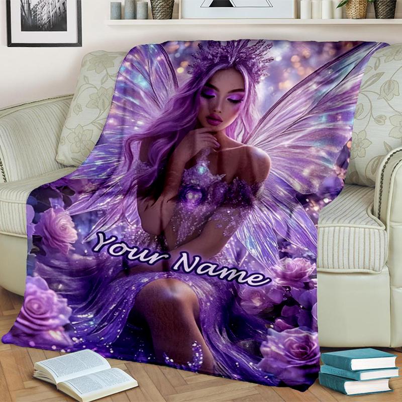 1PC Custom Name Purple Fairy Fantasy flannel blanket versatile,all-season throw suitable for the living room,bedroom,camping,travel,and gift