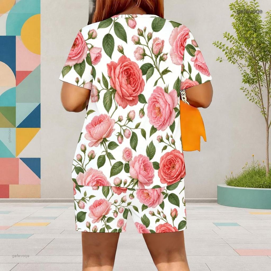 Women Plus Size White Round Neck Short Sleeve Floral Printed Top Pocket Shorts Two Piece Set