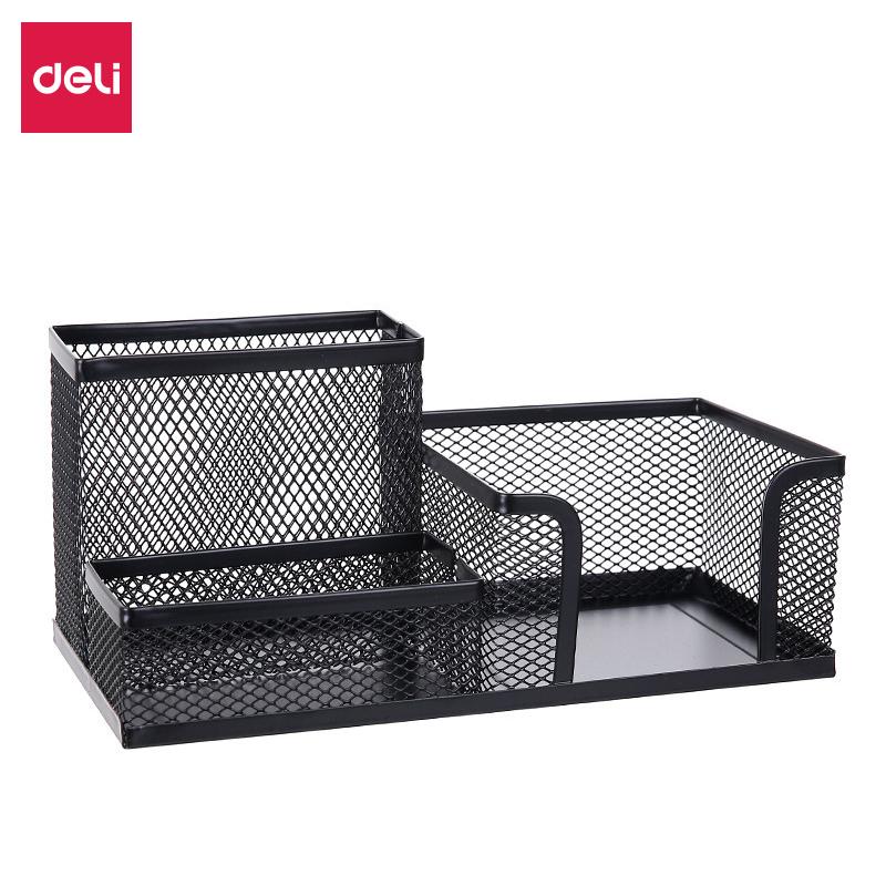 Deli Metal Mesh Square Pen Holder Multi-functional Three Grid Desktop Storage Box Simple Office Supplies for Business