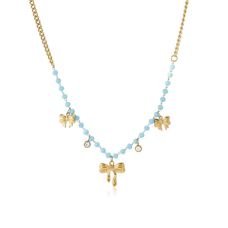Blue beaded necklace for women, gold butterfly heart-shaped pendant, collarbone chain, niche design that doesn't fade