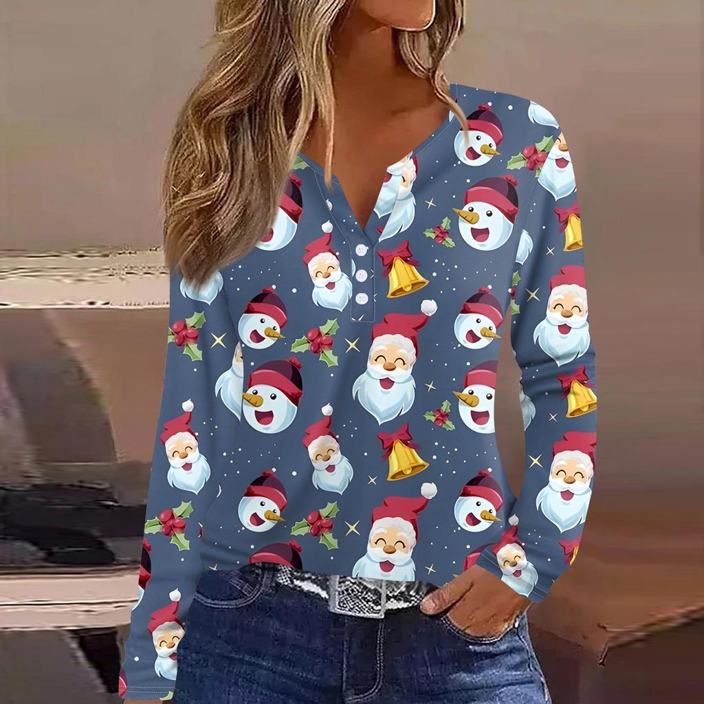 Damen T-Shirt mit Weihnachtsdruck, Knopfleiste, lange Ärmel, für den Alltag, Wochenende, modisch, Basic, V-Ausschnitt, normales Oberteil