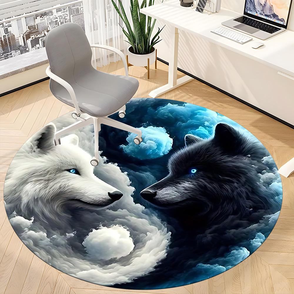 1pc Wolf YinYang Office Round Area Rug, Indoor Mat Suitable ForOffice, Under Office Chairs Bedroom Living Room Home Decor, Room Deco T184