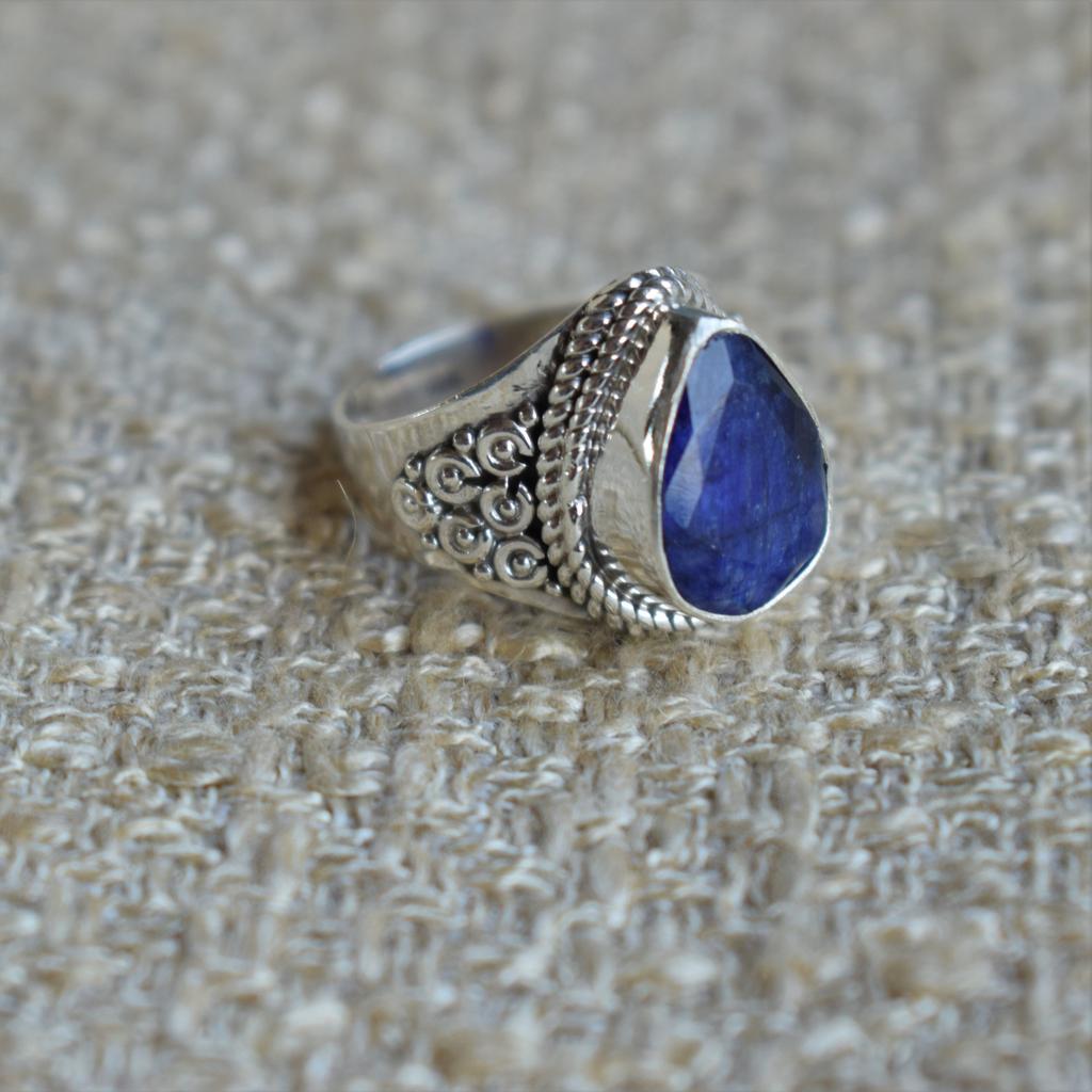 Teardrop Sapphire Ring, Boho 925 Sterling Silver, Handmade Ring
