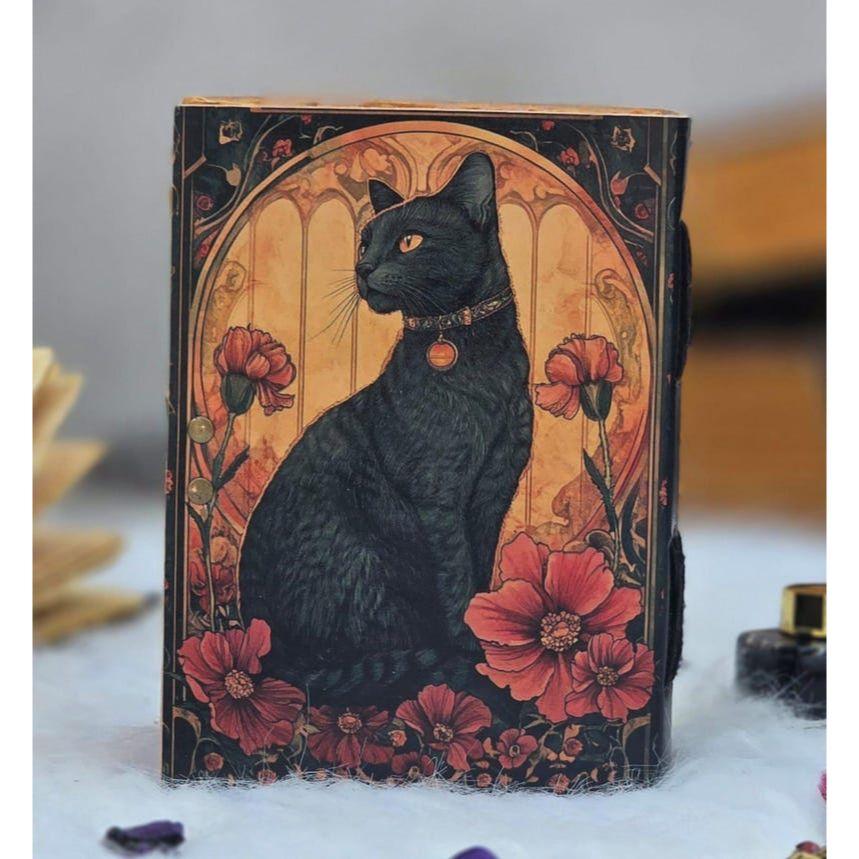 Mystic Black Cat Book | Handmade Vintage Leather Notebook | Witchy Grimoire | Gothic Writing Book with Lock | Blank Spell Book of Shadows