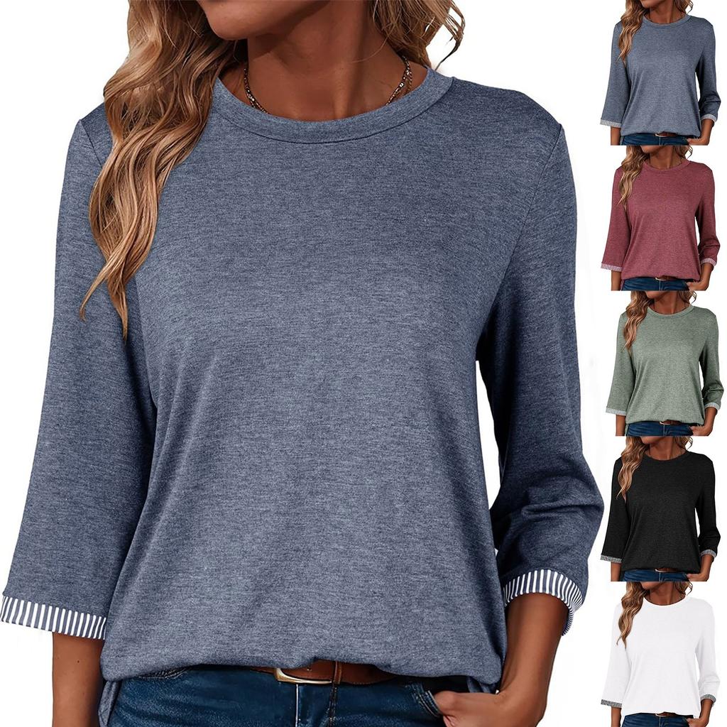 Women's T-shirt Solid Color Round Neck 3/4 Sleeve Top