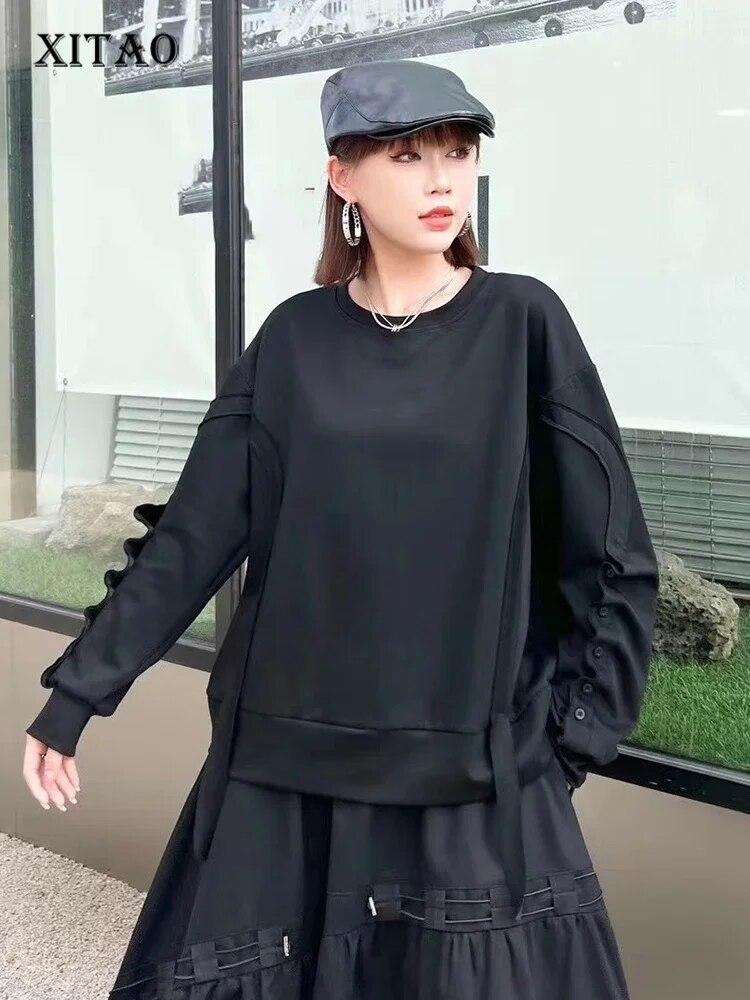 

XITAO складные однотонные лоскутные толстовки, пуловеры с длинными рукавами, свободные повседневные женские DMJ2835