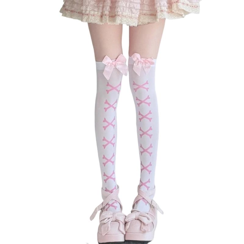 Skeleton Print Stockings with Bows Accent for Women Girl Leggings Tights Socks Cosplay Over Knee Thigh High Long Socks