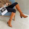 Women Knee High Long Boots Pointed Toe Thick High Heels Zipper Pleated Gogo Boots Ladies Fashion Shoes Autumn Winter 46