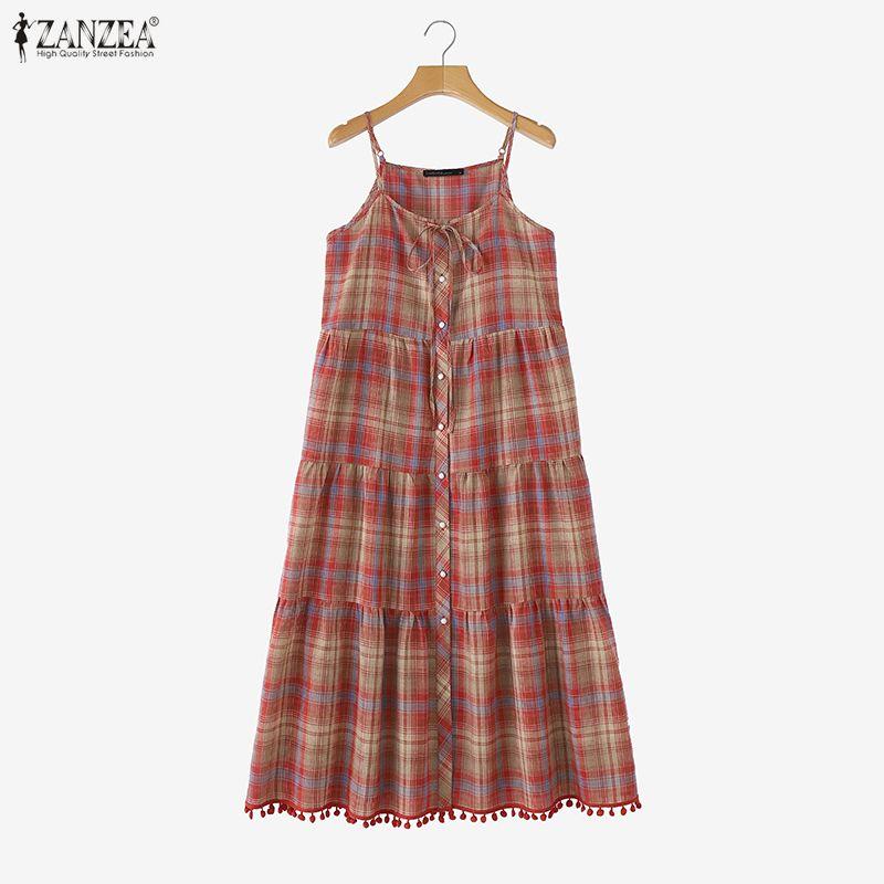 ZANZEA Women Plaid Print Summer Casual V-Neck Sleeveless Straps Camisoles Dresses