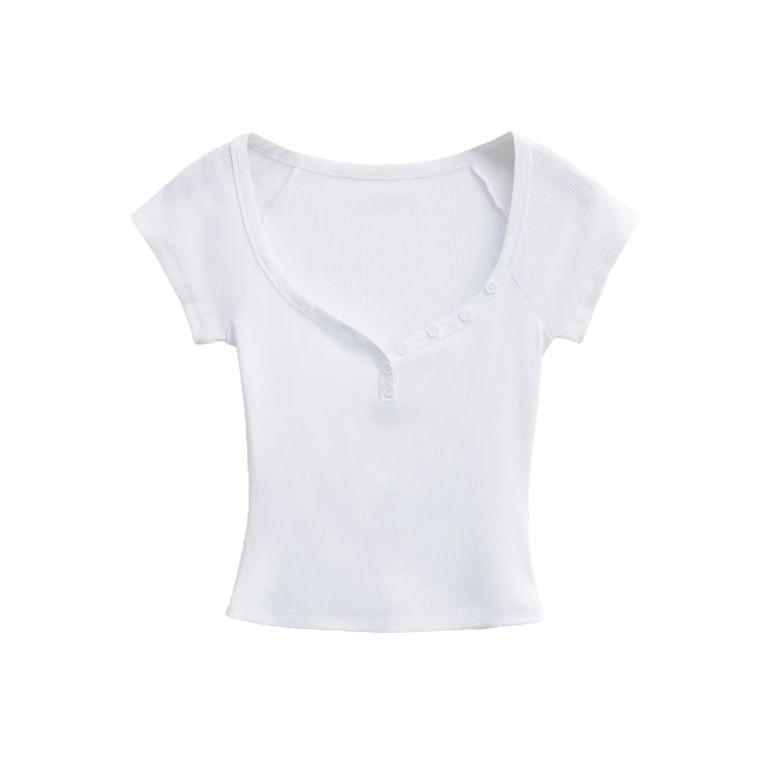 Summer New Female Spice Girls Solid Color V-neck Short-sleeved T-shirt Pure Desire Wind Slim Waist Elastic Tight Short Top