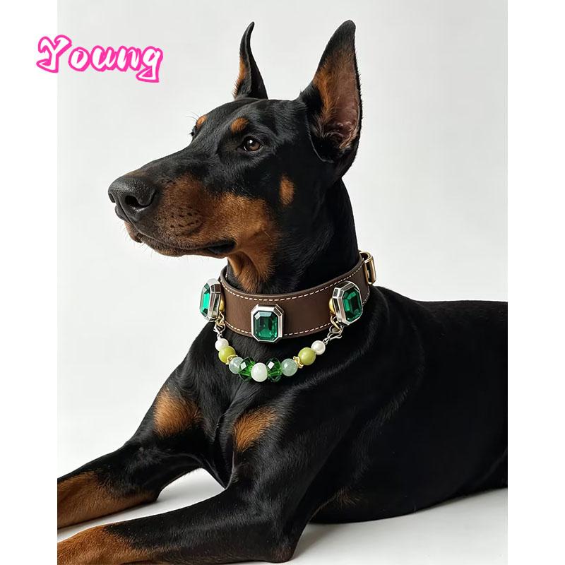Leather Dog Collar with Detachable Natural Gemstone Charm – Green Fluorite Xiu Jade & Pearl Beaded Pet Necklace Padded Collar