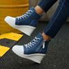 Autumn Women's Color Block High Top Wedge Heel Casual Canvas Shoes Fashion Denim Versatile Comfortable Chunky Single Shoes