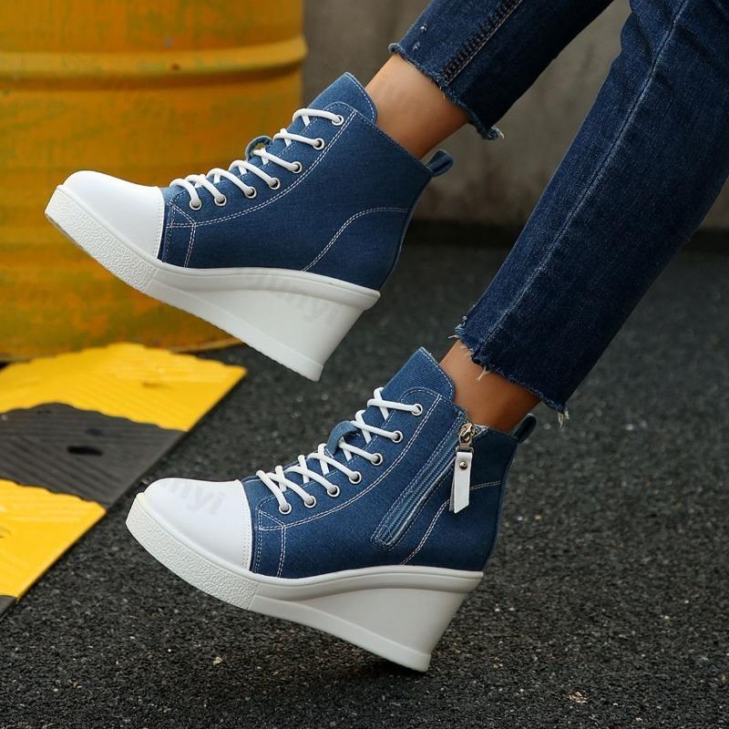 Autumn Women's Color Block High Top Wedge Heel Casual Canvas Shoes Fashion Denim Versatile Comfortable Chunky Single Shoes