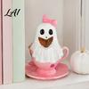 Unique Halloween Gift for Girls Reading Ghost Figurine Pink Teacup Statue Resin Small Spooky Ornament Women Sculpture Home Office Party Desktop