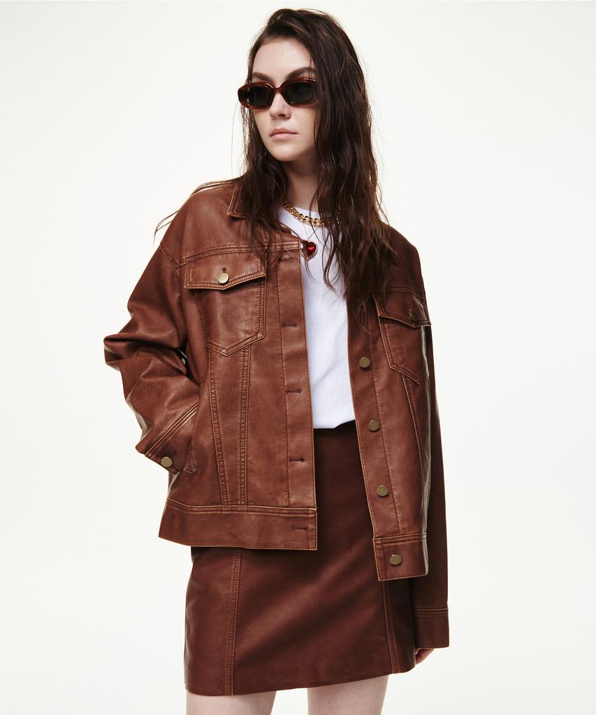 Bikwaieos Faux Leather Washed Mini Skirts_Tan Brown