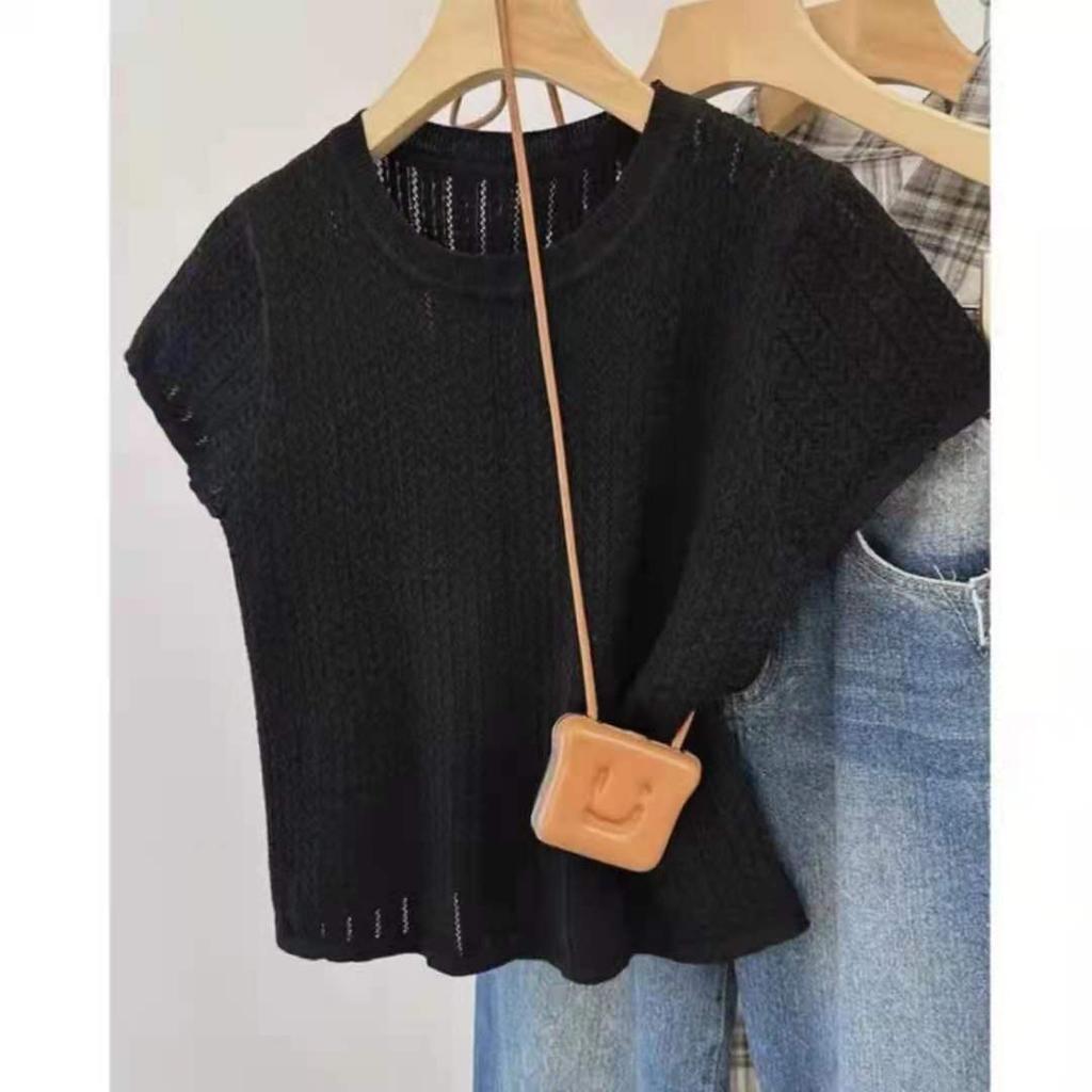 Women Cropped Knit Tank Top, Solid Off White Round Neck Cap Sleeve Hollow Cable Knit Textured Breathable Slim Summer Casual Blouse