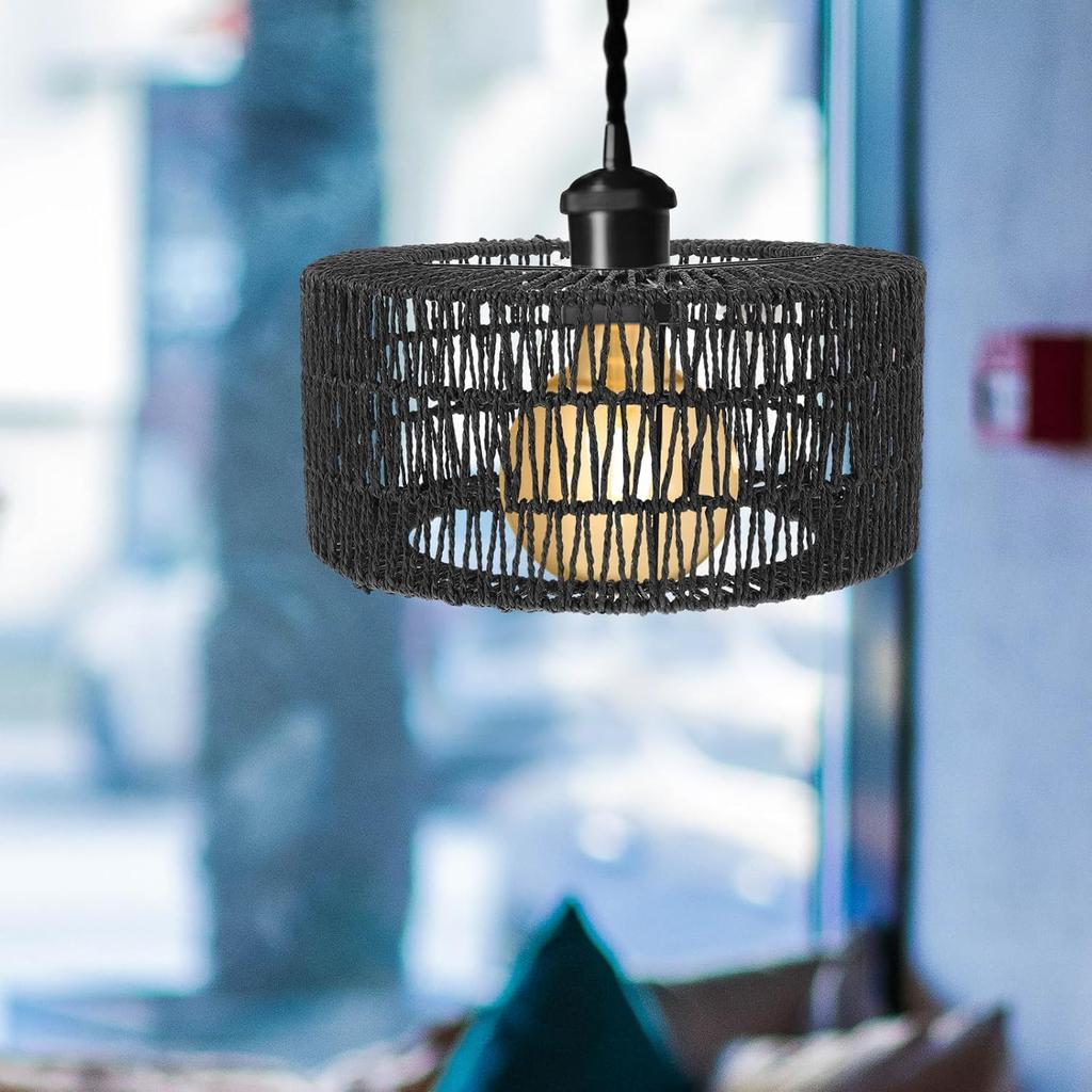 Rattan Lamp Shade:Boho Weave Lamp Shades Farmhouse Woven Lampshade for Floor Lamps, Pendant Light,Chandelier, 30.00X30.00X15.00CM, Black,