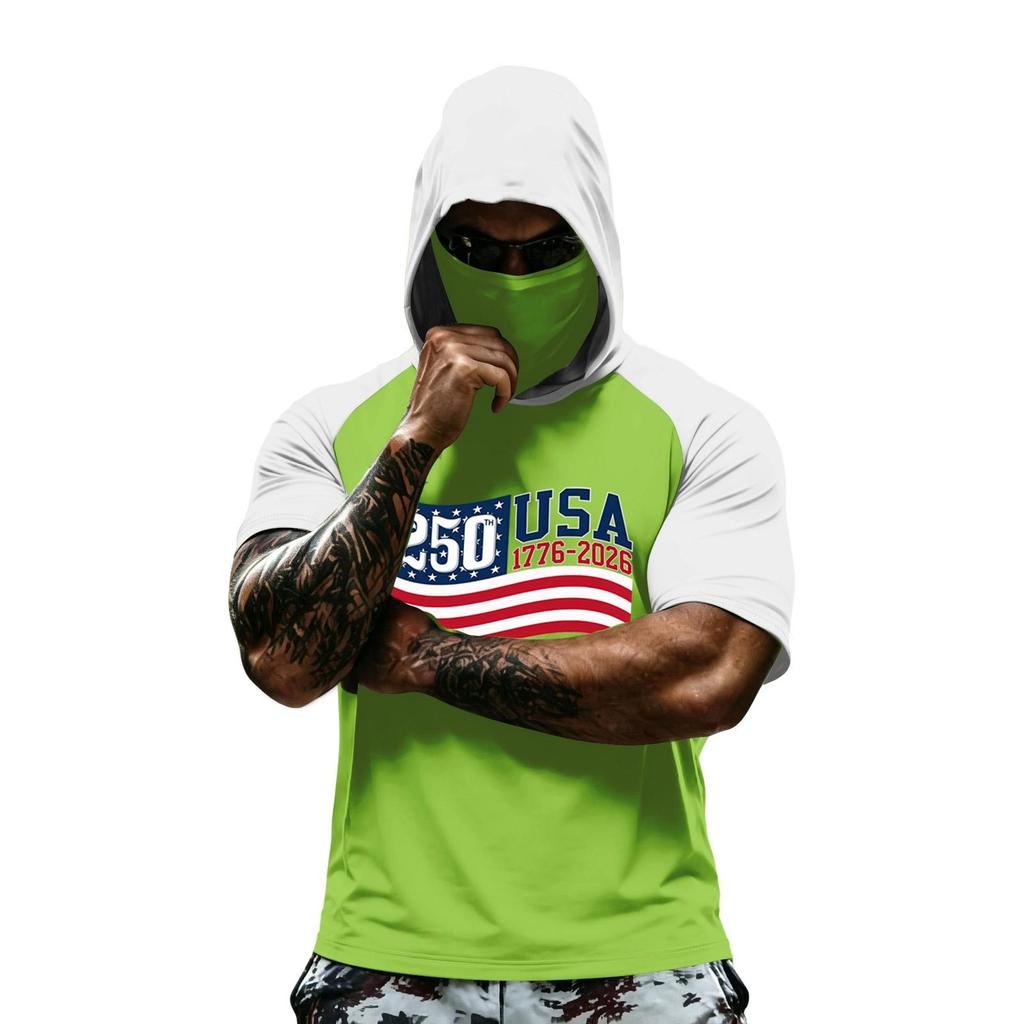 Men's Summer Camouflage Gradient Drying Short-sleeved T-shirt, Sun Clothing, Fishing, Fitness, Sports, Hooded Short-sleeved Shirt