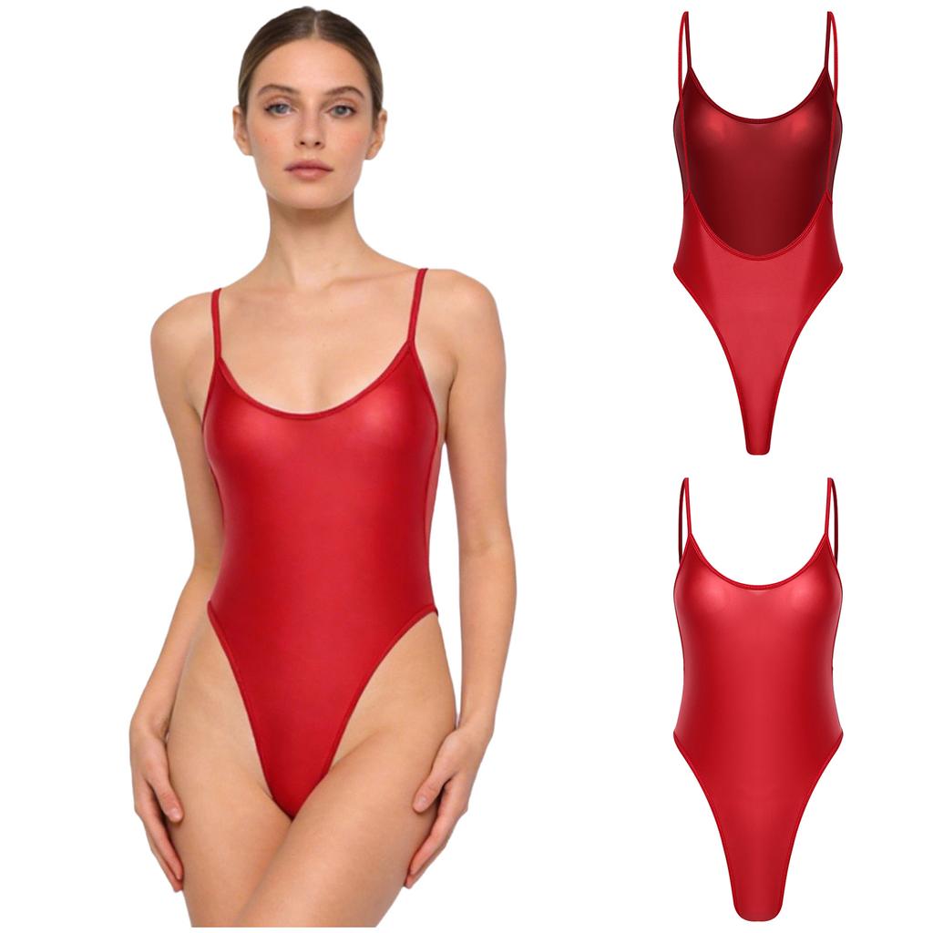 Women Nightclub Beach Swimsuit Oil-shiny Glossy Leotard Backless High-cut Stretchy Sling Bodysuit One-piece Diving Wear