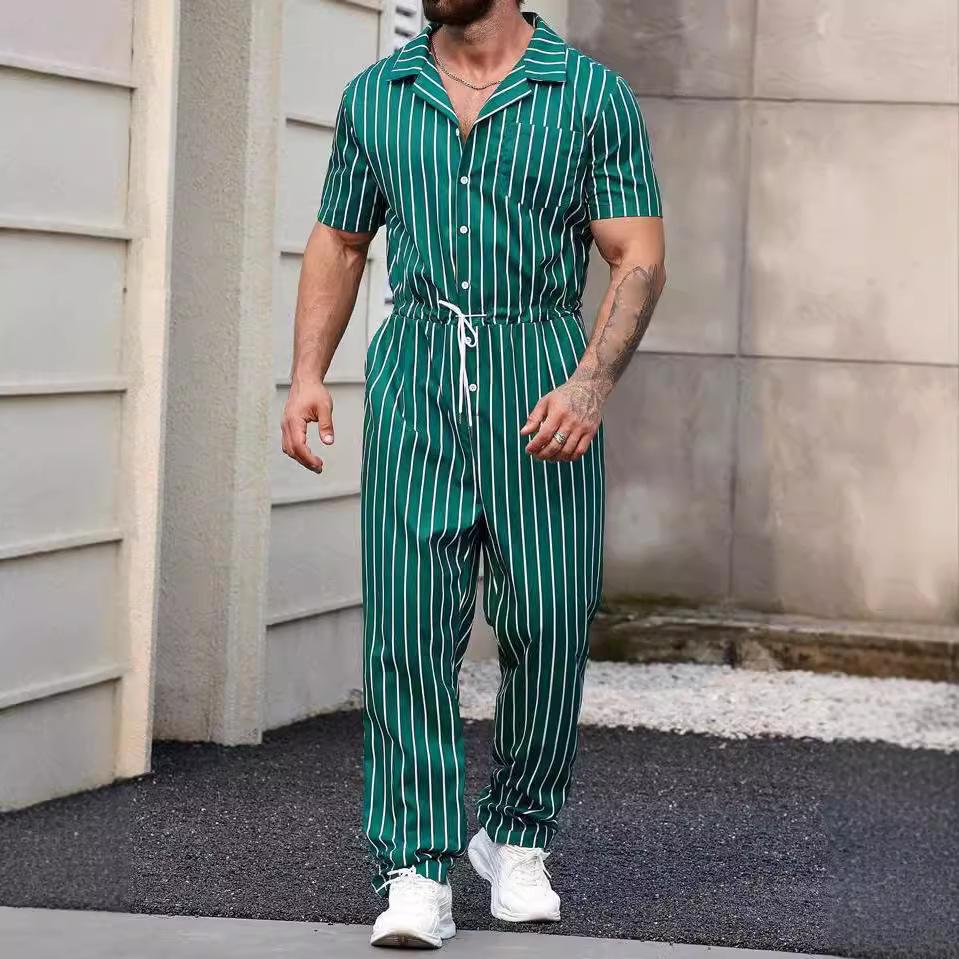 

Новый мужской комбинезон для поездок на работу, повседневная рубашка на пуговицах, брюки с короткими рукавами, мужские M зелёный