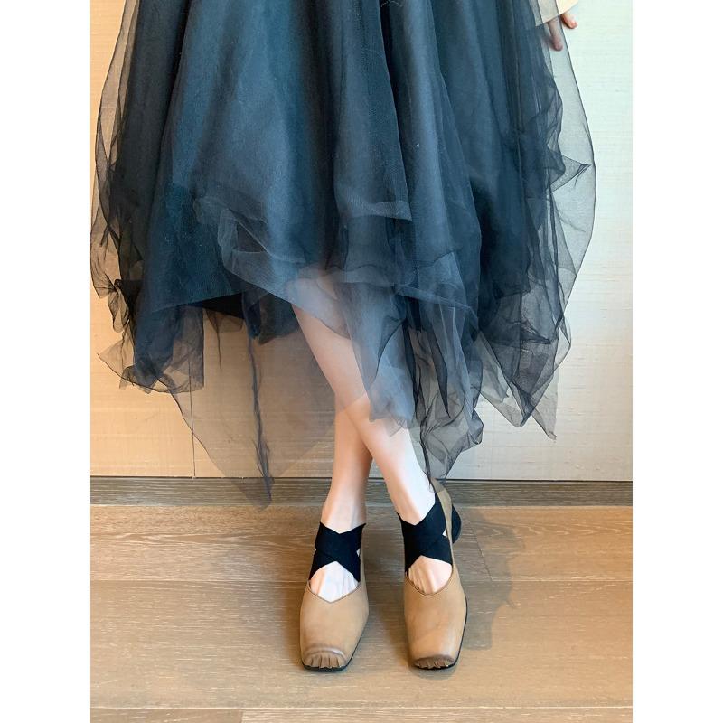 ~ High-heeled Mary Jane single shoes retro cross-strapped square-headed cowhide thick-heeled ballet shoes