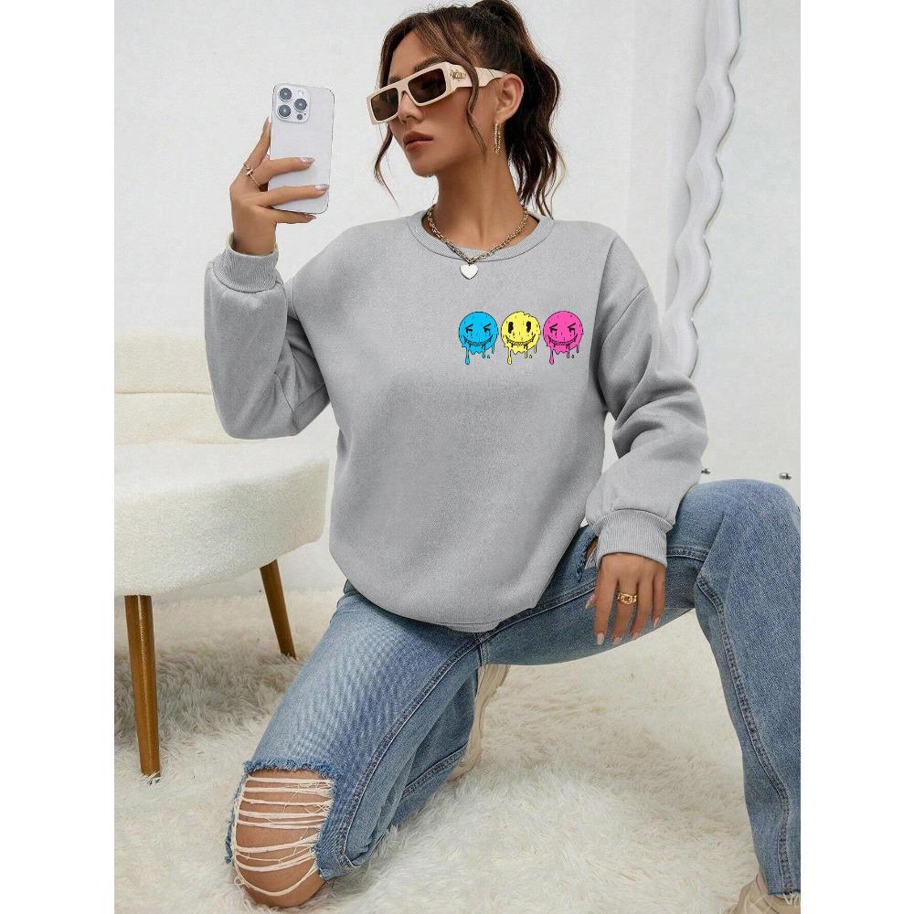 Zabawna bluza damska z nadrukiem uśmiechniętej twarzy jesienna S-4XL dres proste wygodne topy codzienne ciepłe ubrania kobiety