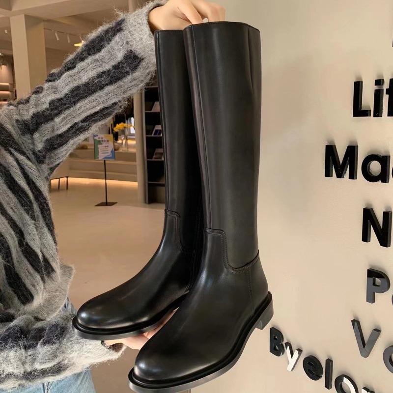 Sheepskin version~ Leather round head gold buckle thick-soled knight boots women's autumn and winter high boots thick heel thin boots long boots