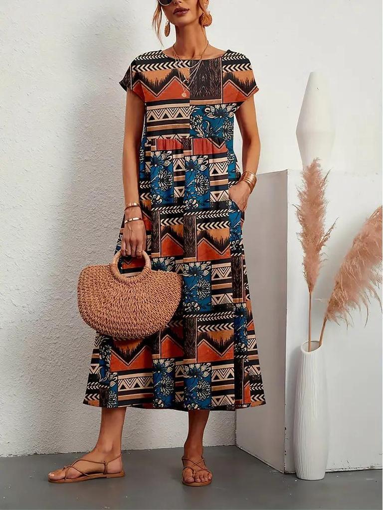 2023 Dámské evropské a americké letní šaty bez rukávů volného střihu s kulatým výstřihem a potiskem