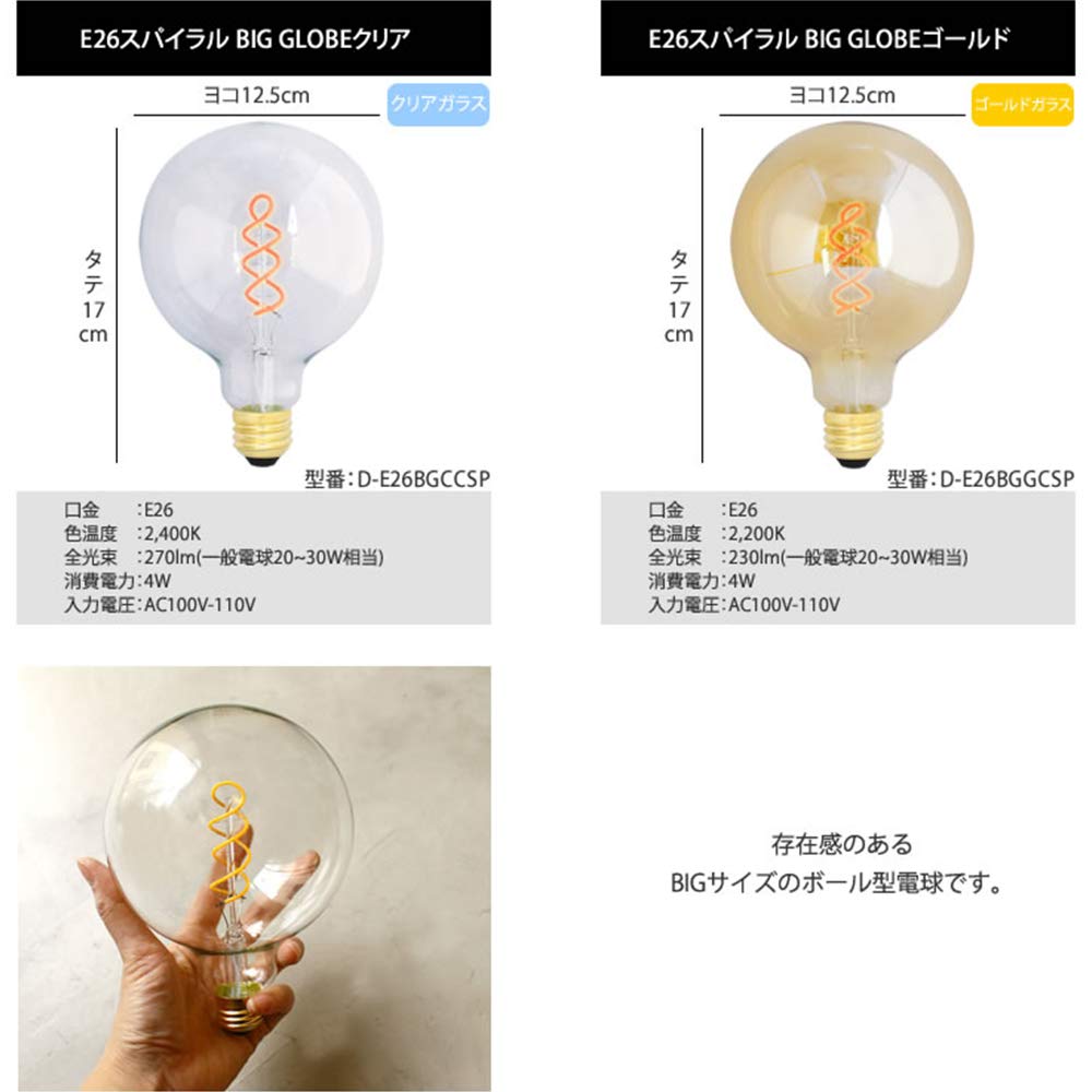 Dimmable Edison LED Bulb E26 Spiral (Big Globe Clear)