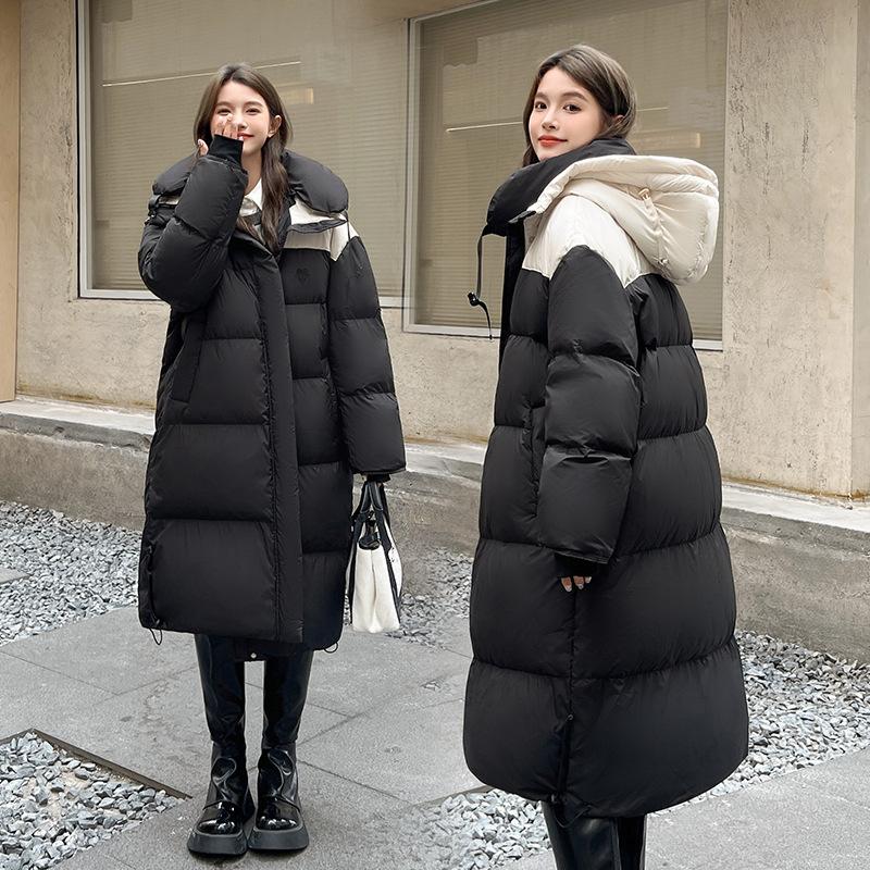 Nueva chaqueta de invierno de algodón con contraste de color para mujer, chaqueta de algodón holgada de estilo coreano gruesa de longitud media