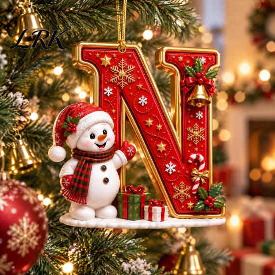 Decorative Gift Tags Cute Snowman Letter Christmas Ornament, 2D Flat Personalized A-Z Alphabet Tree Ornaments Acrylic Hanging Pendant for Xmas