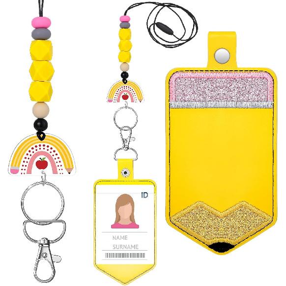 Geyoga 2 Pcs Teacher Pencil Breakaway Lanyard Cute Pencil Silicone Beaded Keychain Accessories Teacher ID Badge Holder with Lanyard for Women Office