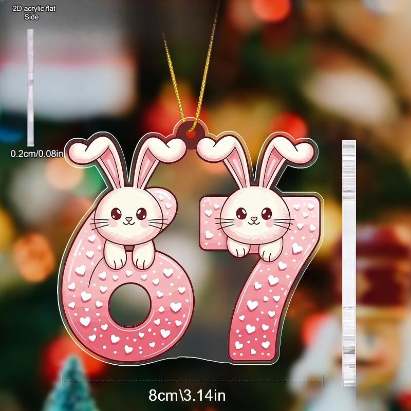 Valentine's Day Hanging Ornaments Compatible for Couples - Transparent Acrylic Bunny Decor with 6 or 7-Pendant Drops & Finials - Cute Patterns 
