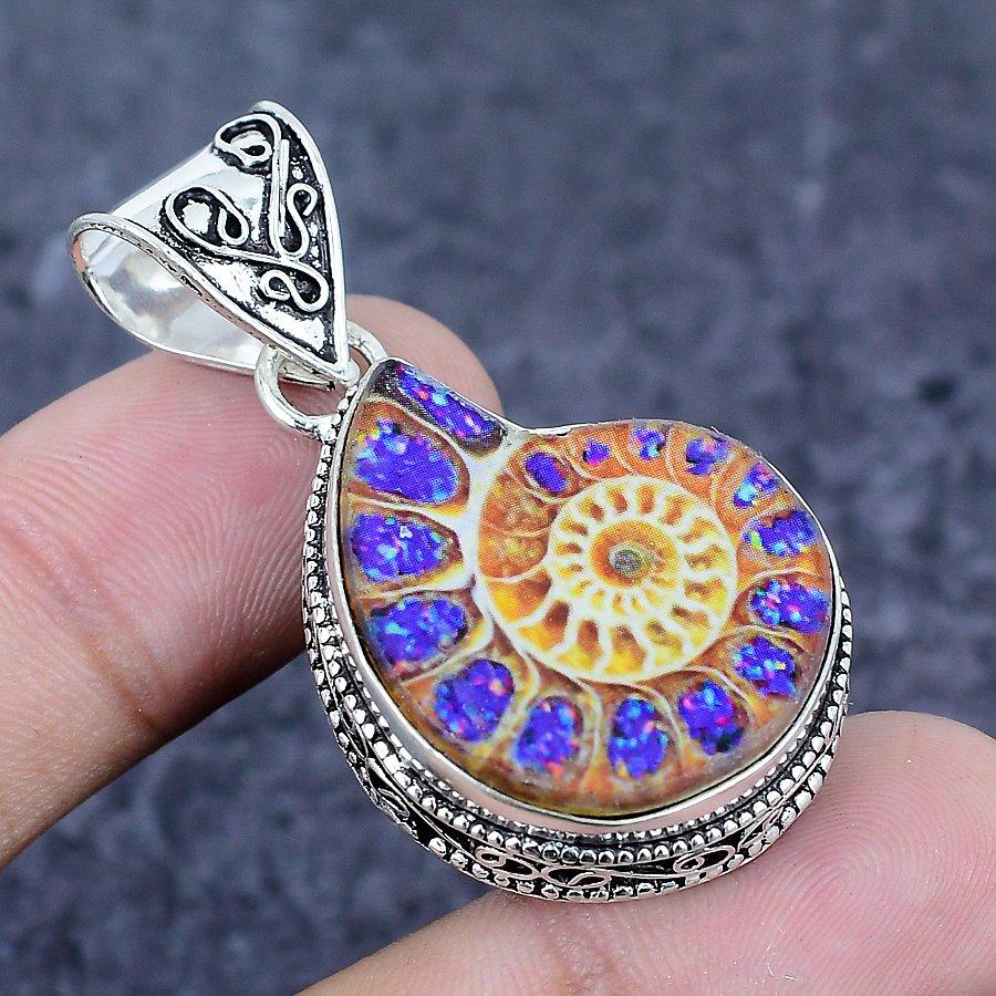 Natural Ammonite Fossil Gemstone 925 Sterling Silver Jewelry Pendant 1.85" I8N40