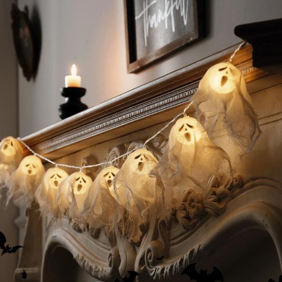 LED Duchové světelný řetěz Ručně vyrobená svítící halloweenská látková duchová girlanda na párty, strašidelný dům, krb, dekorace na verandu