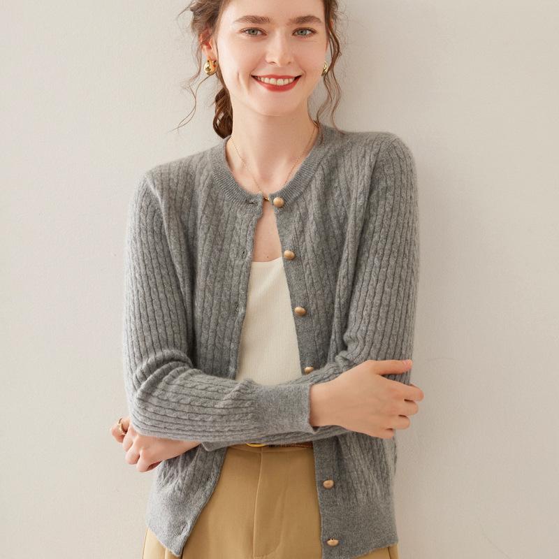 Women's Round Neck Single-Breasted Wool Cardigan - Autumn/Winter Cable Knit Long Sleeve Sweater Jacket
