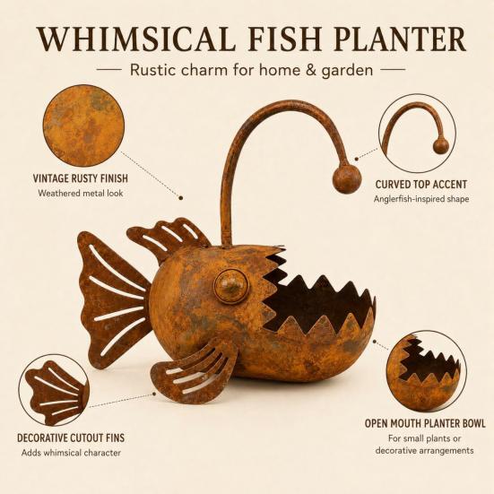 Baizihuahu Fish Shaped Metal Planter, Rustic Anglerfish Flower Pot, Decorative Rusty Plant Pot for Succulents Cacti Small Plants