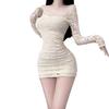 [] Spice Girl Tight Dress Female Sexy Lace Long Sleeve One-word Collar Atmosphere Seaside Dress