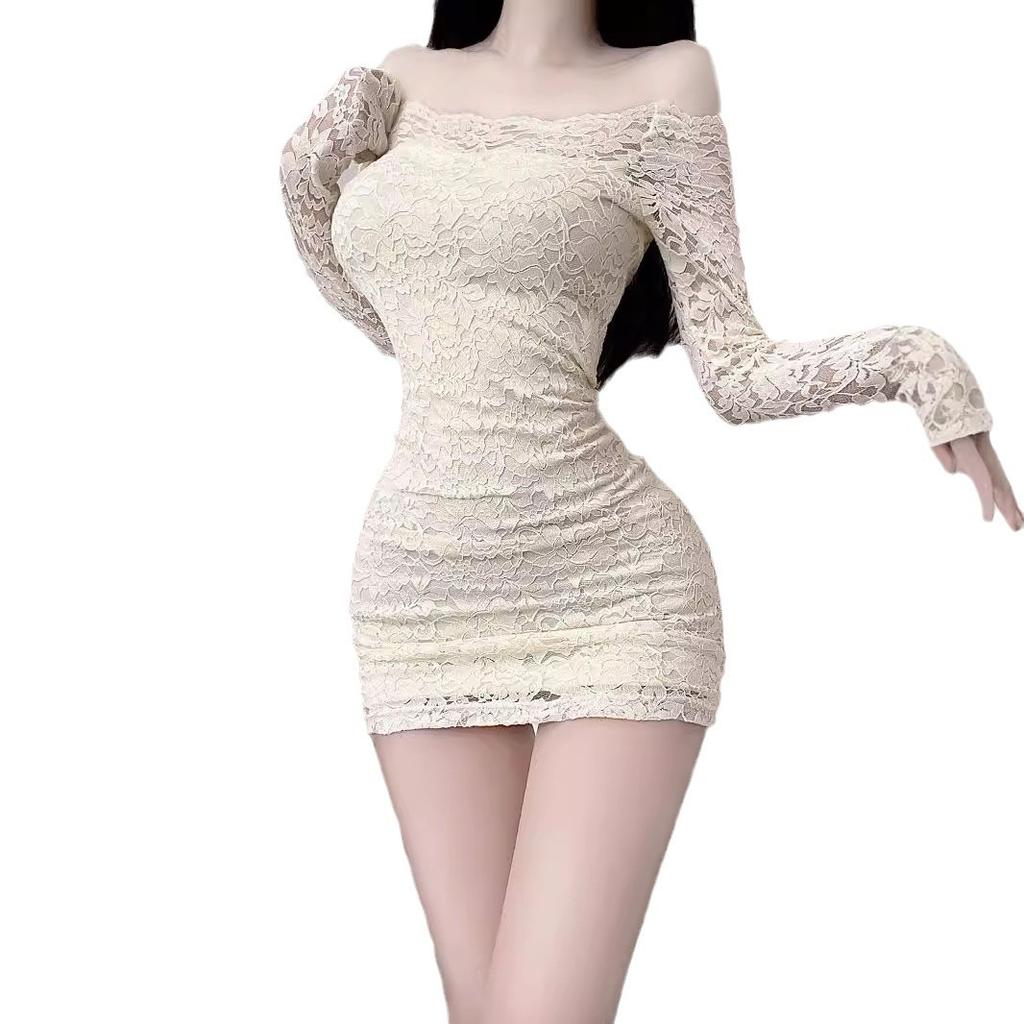 [] Spice Girl Tight Dress Female Sexy Lace Long Sleeve One-word Collar Atmosphere Seaside Dress