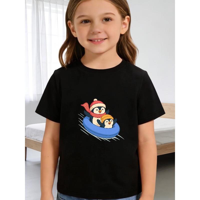 European Sizes Short-Sleeved T-Shirt for Girls Featuring a Penguin Design for Parents And Children