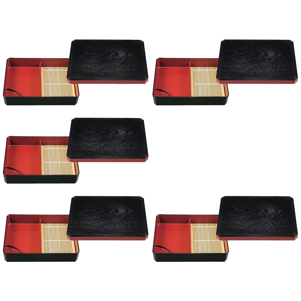 Soba Set of Wooden Corner Grain Tianzi Black with Red Interior and x x Made in Japan J-Kitchens Bowls, 5, (Tempura Strainer), Lid, 24.8 18.5 5.5 cm,