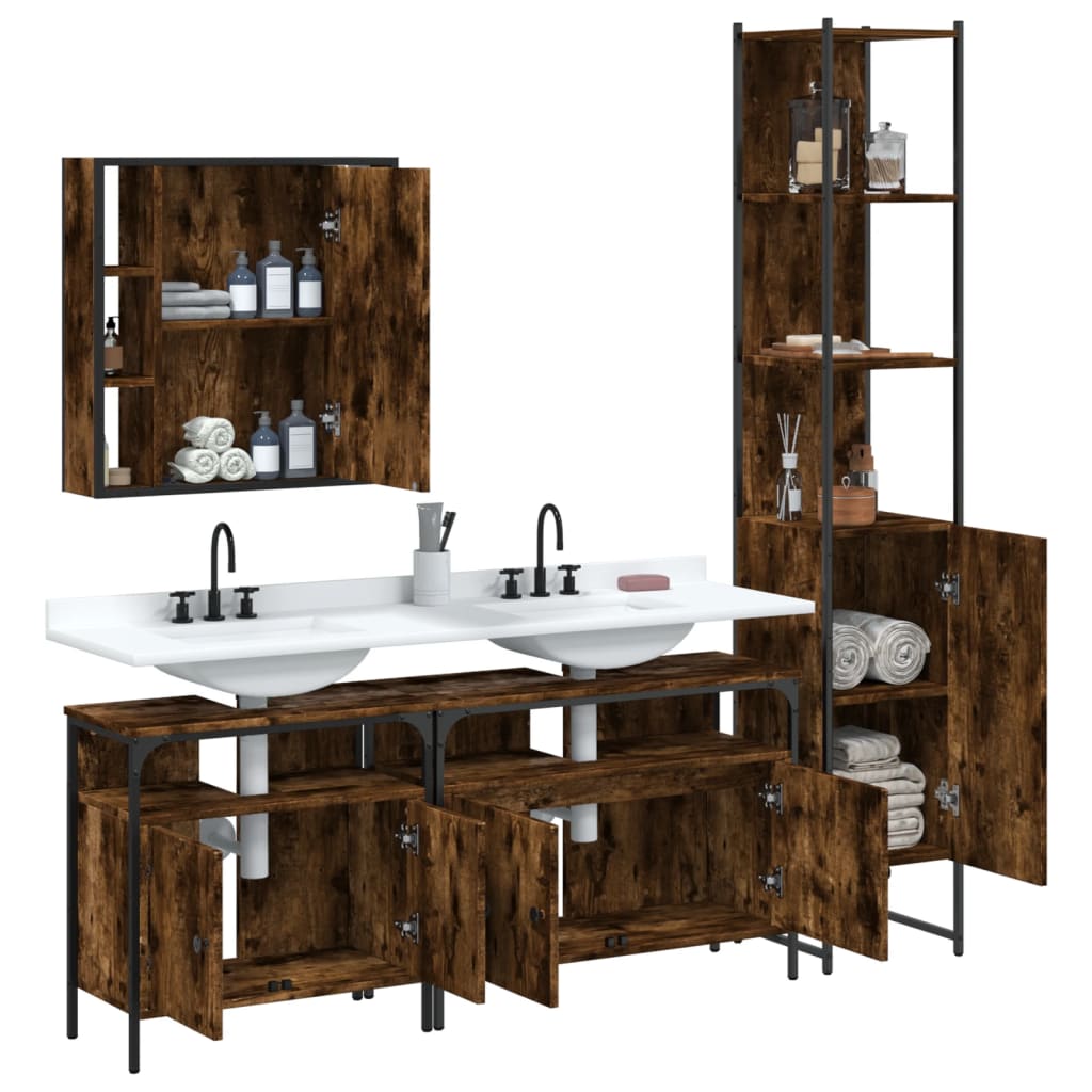 4 Piece Bathroom Furniture Set Smoked Oak Wood Based Material