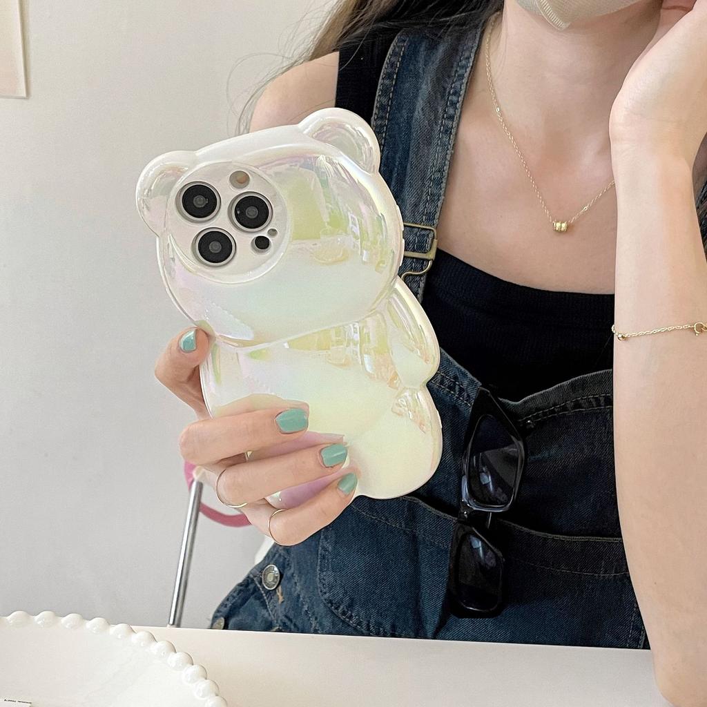 Cute Personalized Laser Three-dimensional Bear, Suitable for iPhone16Pro Max Mobile Phone Case, Apple 17 New 14/15.