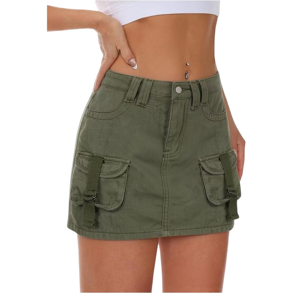 Women Casual Low Waist Slim Fit Mini Skirt with Utility Pockets Belt Loops and Front Button Closure Suitable for Daily Wear