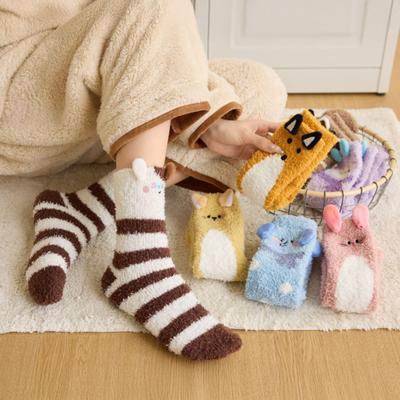 1 Pair Sleeping Design Thickened Coral Velvet Socks Cartoon Animal Warm Winter Socks Mid-Tube Non-Slip
